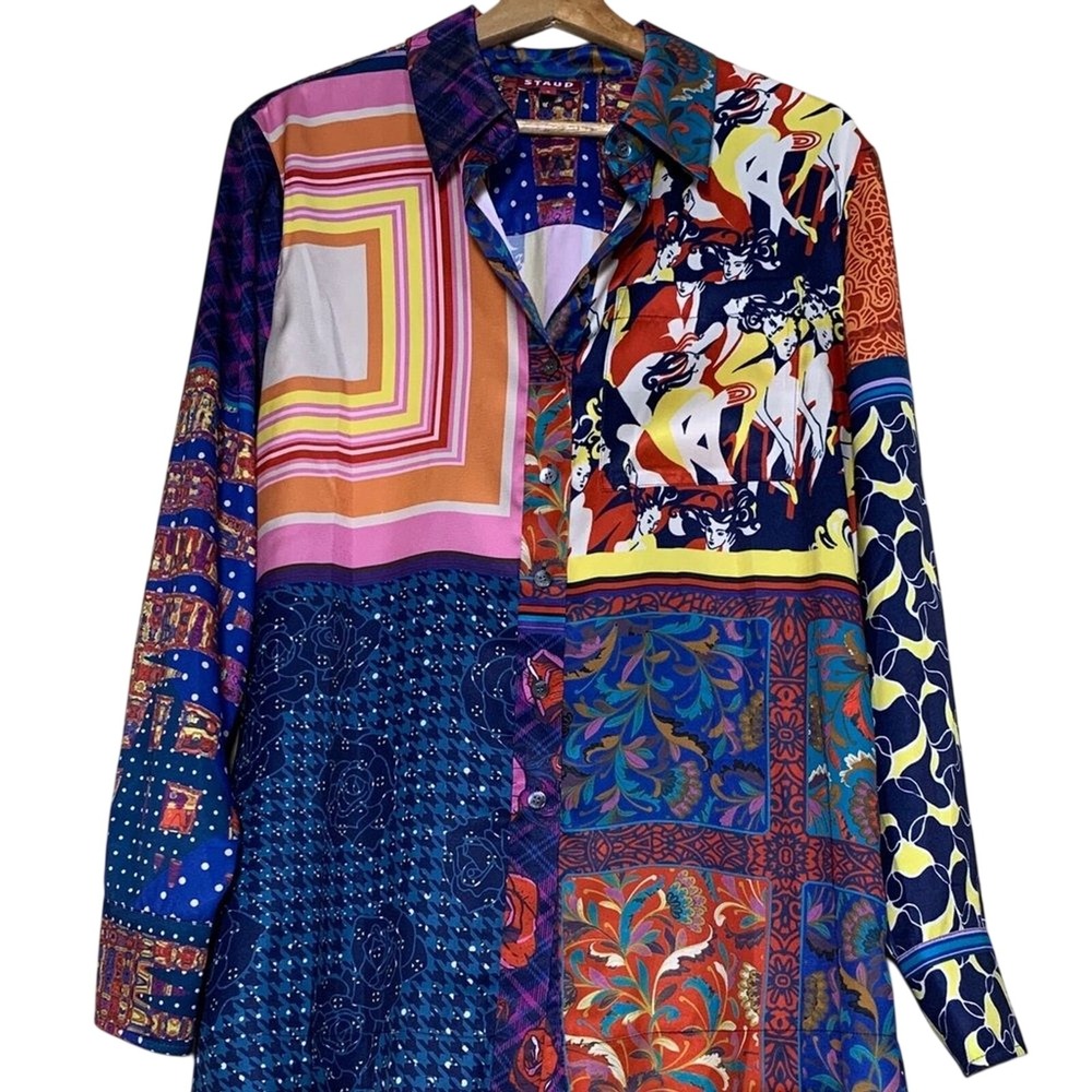 STAUD‎ Button Down Top Womens S Multicolor Patchwork Print Long Sleeve Blouse